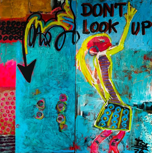 Colorful graffiti with a figure and text 'DON'T LOOK UP'.