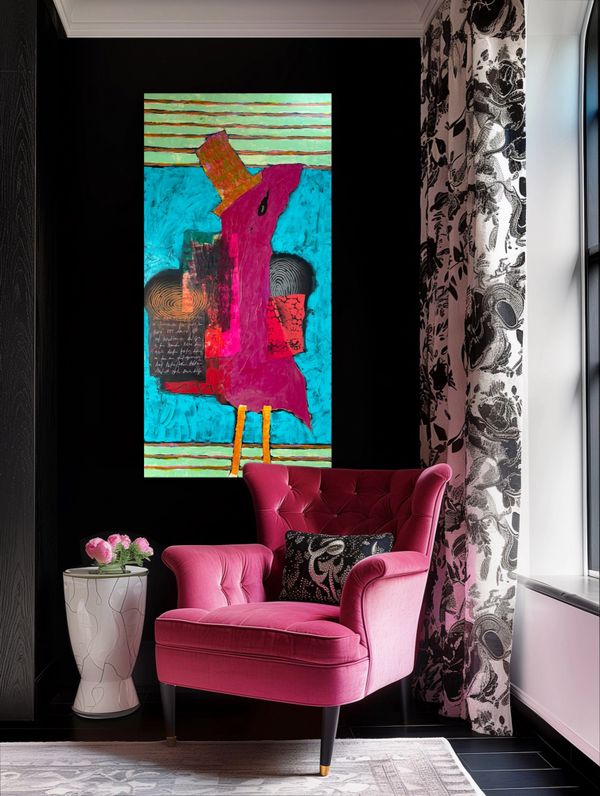 Bright pink armchair beside an abstract bird painting in a stylish room.