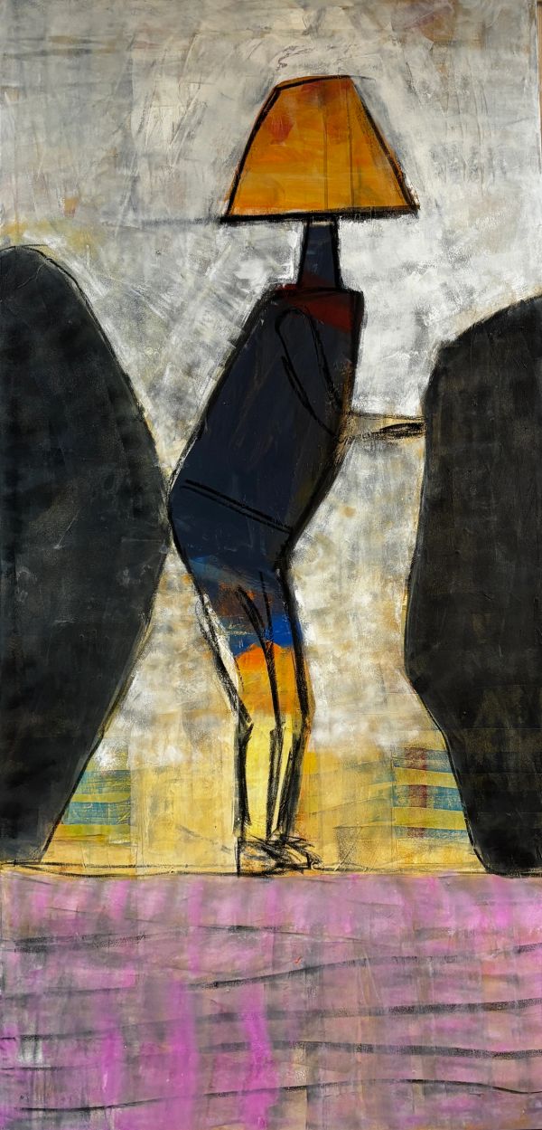 Abstract figure with a lampshade head between dark shapes on a colorful textured background.