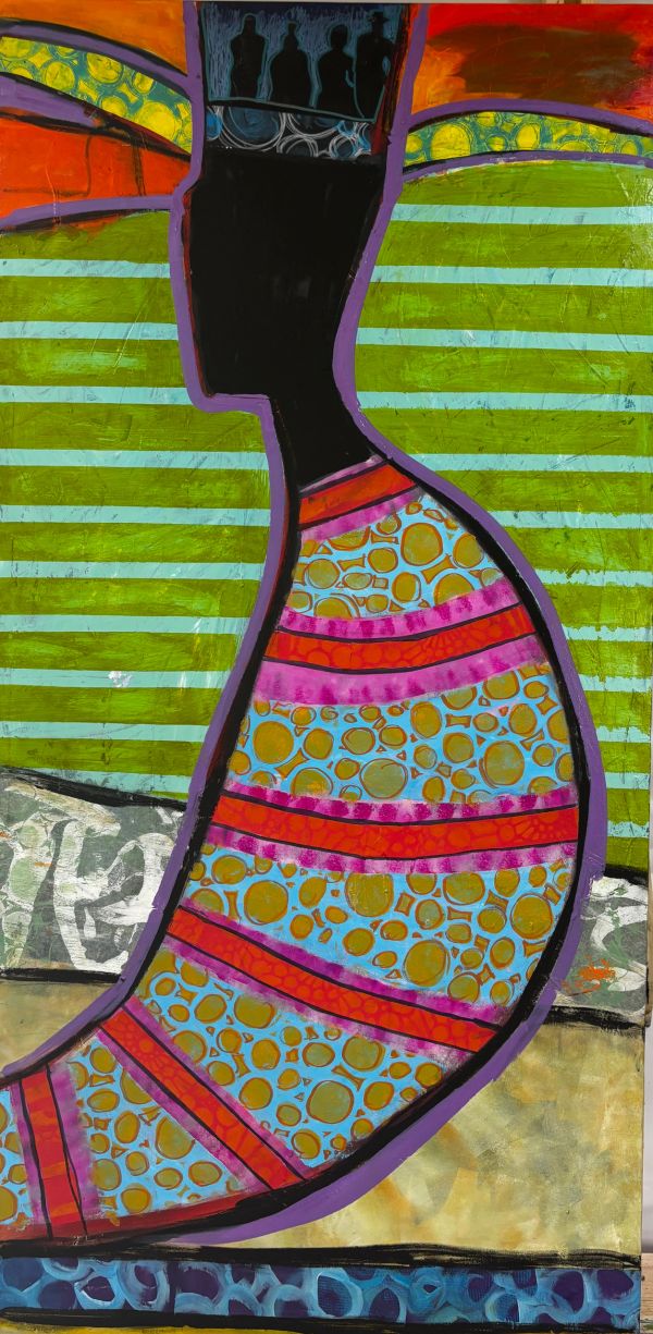 Abstract colorful silhouette of a figure with geometric patterns.