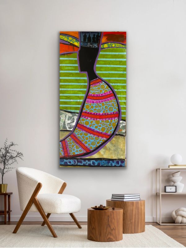 Abstract colorful wall art in a modern living room.