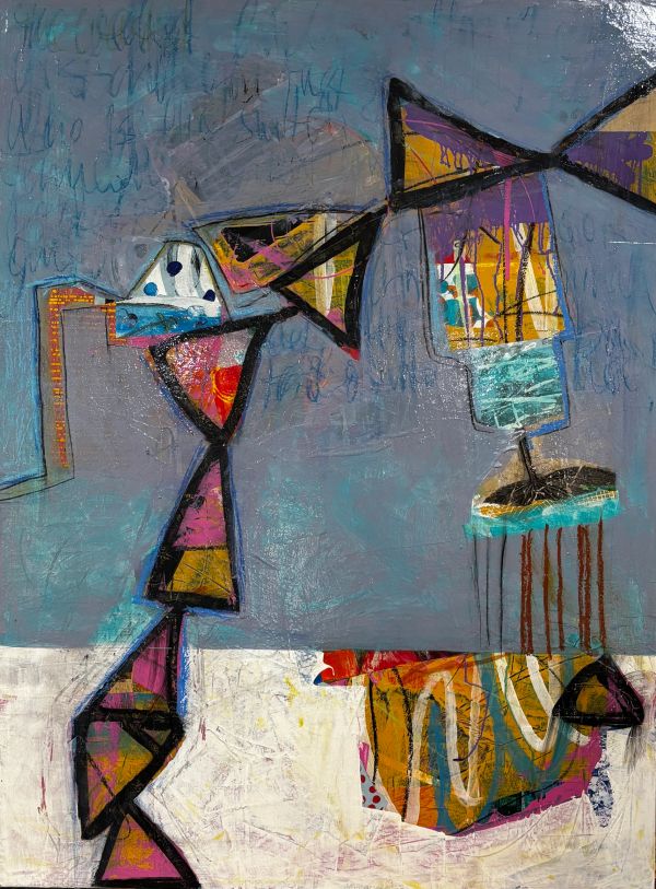Abstract colorful geometric shapes on muted backgrounds.
