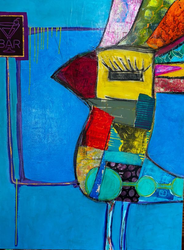 Colorful abstract bird with a blue background and a bar sign.