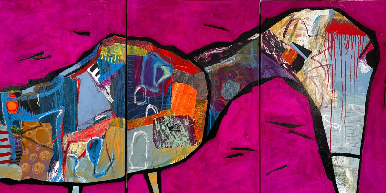 Colorful abstract painting on a vivid pink background.