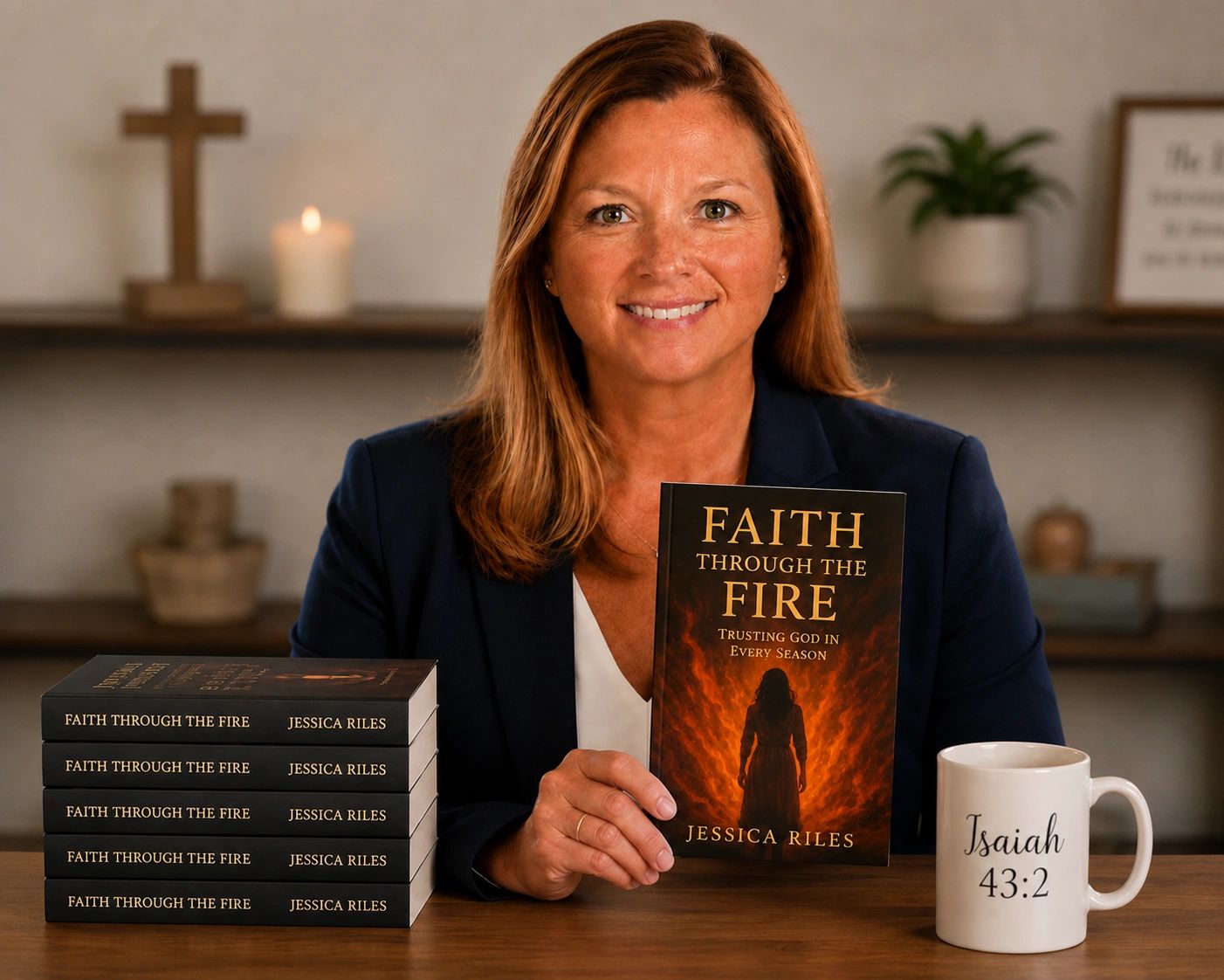 Woman holding a book titled 'Faith Through the Fire' by Jessica Riles.
