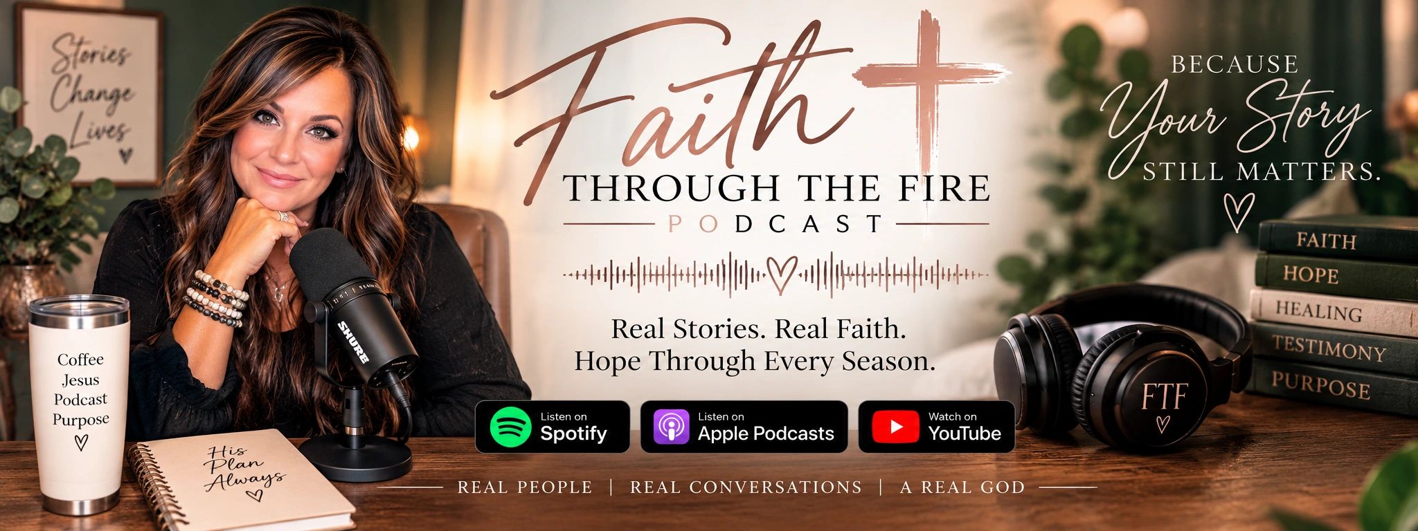 Woman hosts Faith Through the Fire podcast with faith-themed books and gear.