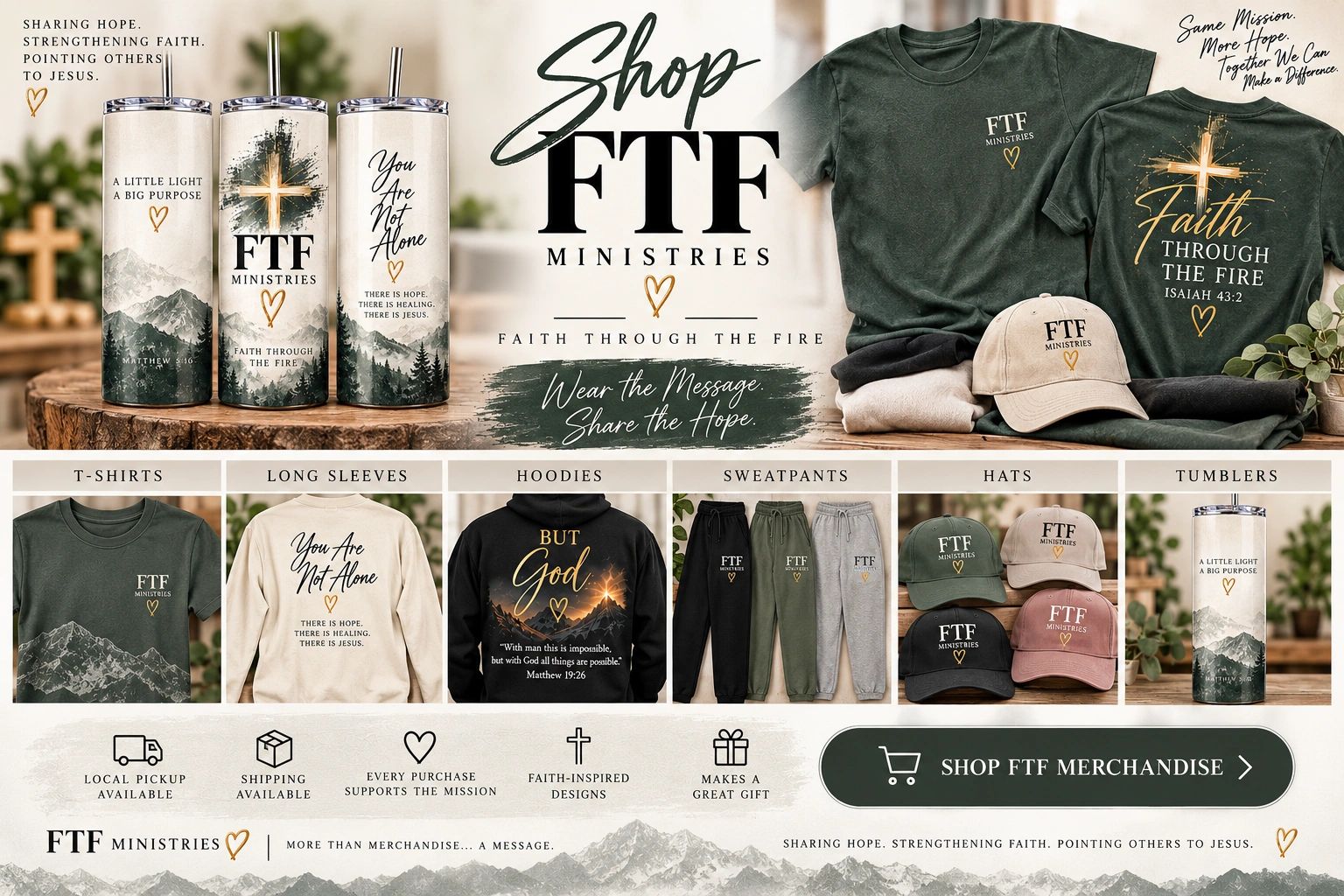 Faith-based FTF Ministries apparel and tumblers promoting hope and Jesus.