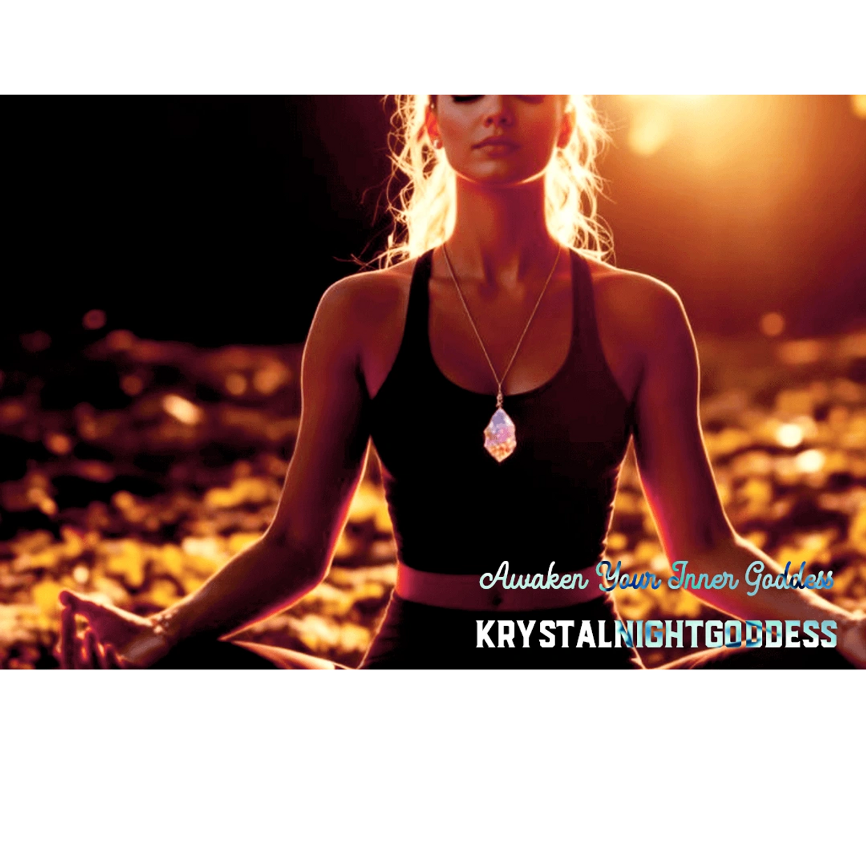 Woman meditating at sunset, glowing pendant around her neck.