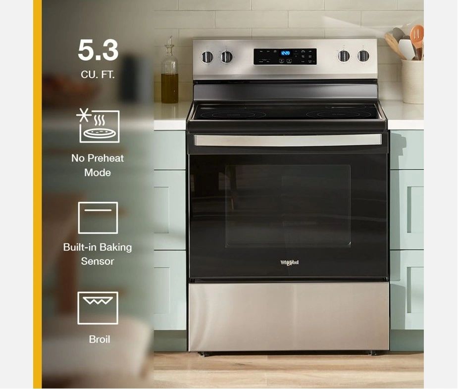 Whirlpool 30 in. x 47.875 in. 4-Burner Element Freestanding Electric Range in Stainless Steel with Thermal – view 1