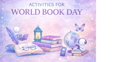 Illustration promoting activities for World Book Day with books, globe, and reading characters.