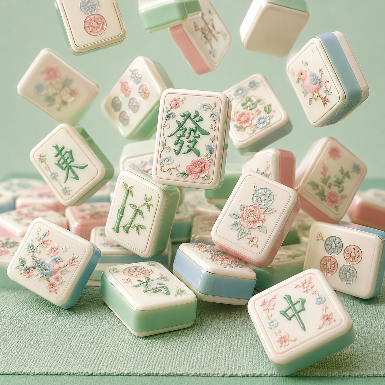 Intricately designed pastel Mahjong tiles with floral and animal motifs.