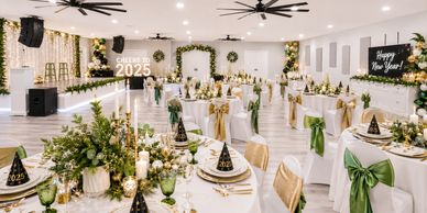 Elegant New Year's Eve party setup for 2025 celebration.