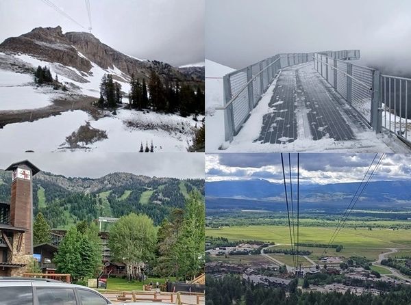 Four images showing mountain resort scenes in different seasons.
