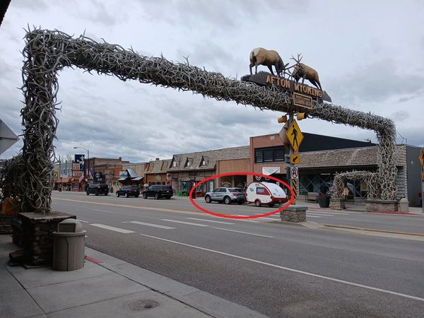 Antler archway in Afton, Wyoming on a cloudy day.