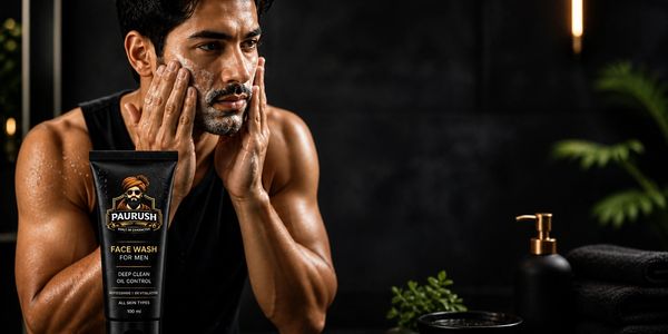 Man washing his face using Paurush face wash in a dark, stylish bathroom.