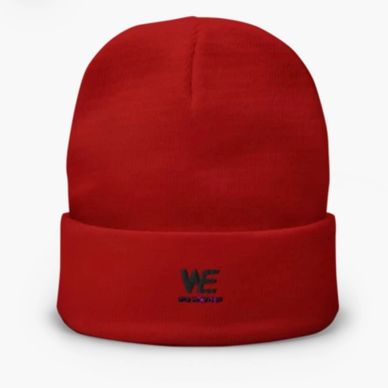 Red beanie hat with a small black logo on the cuff.