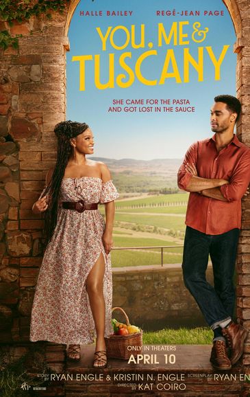 Romantic movie poster of 'You, Me &amp; Tuscany' with a couple against a Tuscan landscape.