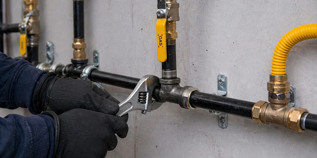 Licensed gasfitter installing residential gas line with black iron pipe and fittings in Airdrie home