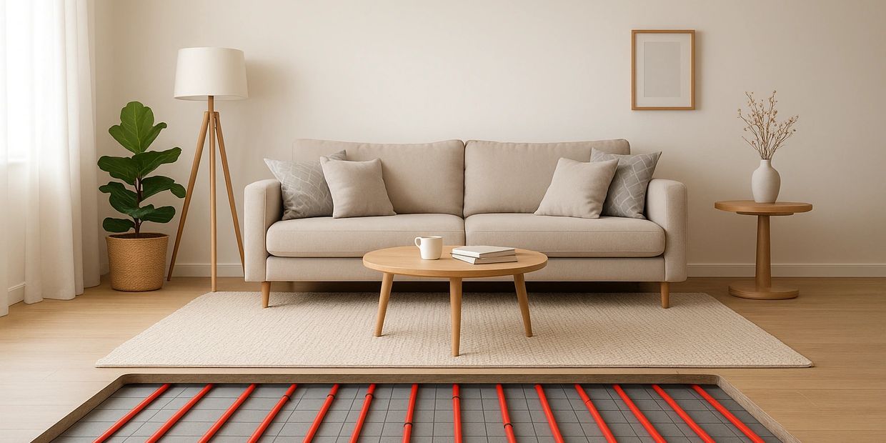 Mock up of room, with cut out of floor, exposing PEX tubing for infloor heating system installations