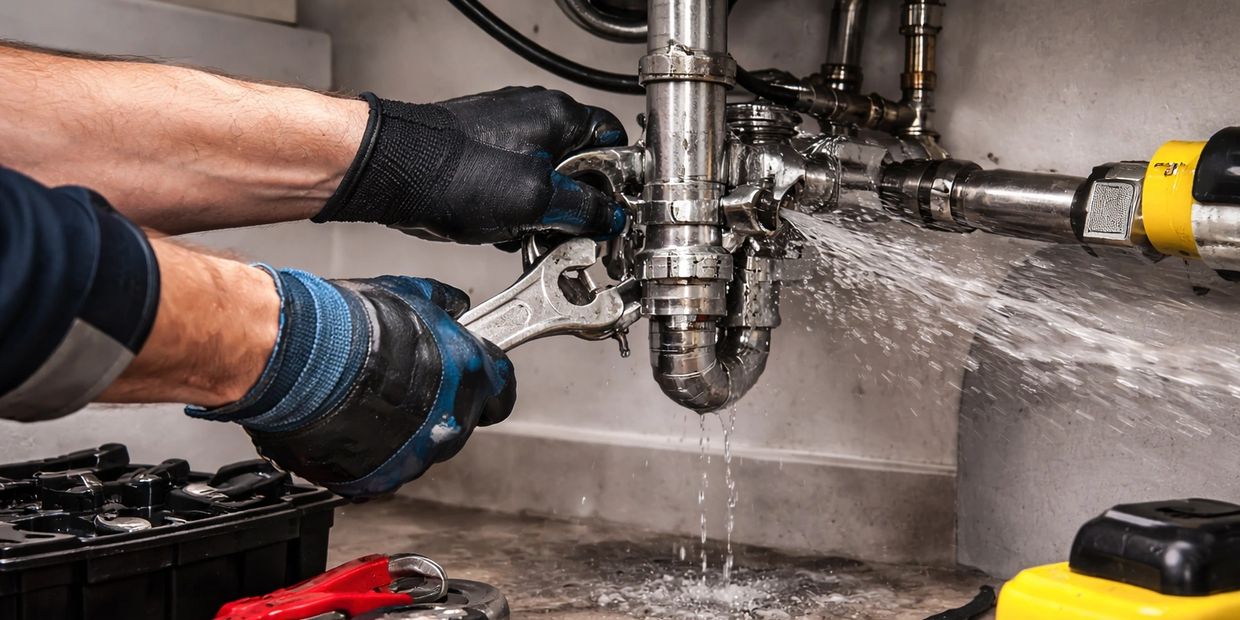 Licensed plumber completing residential plumbing repair of leak in Airdrie home.