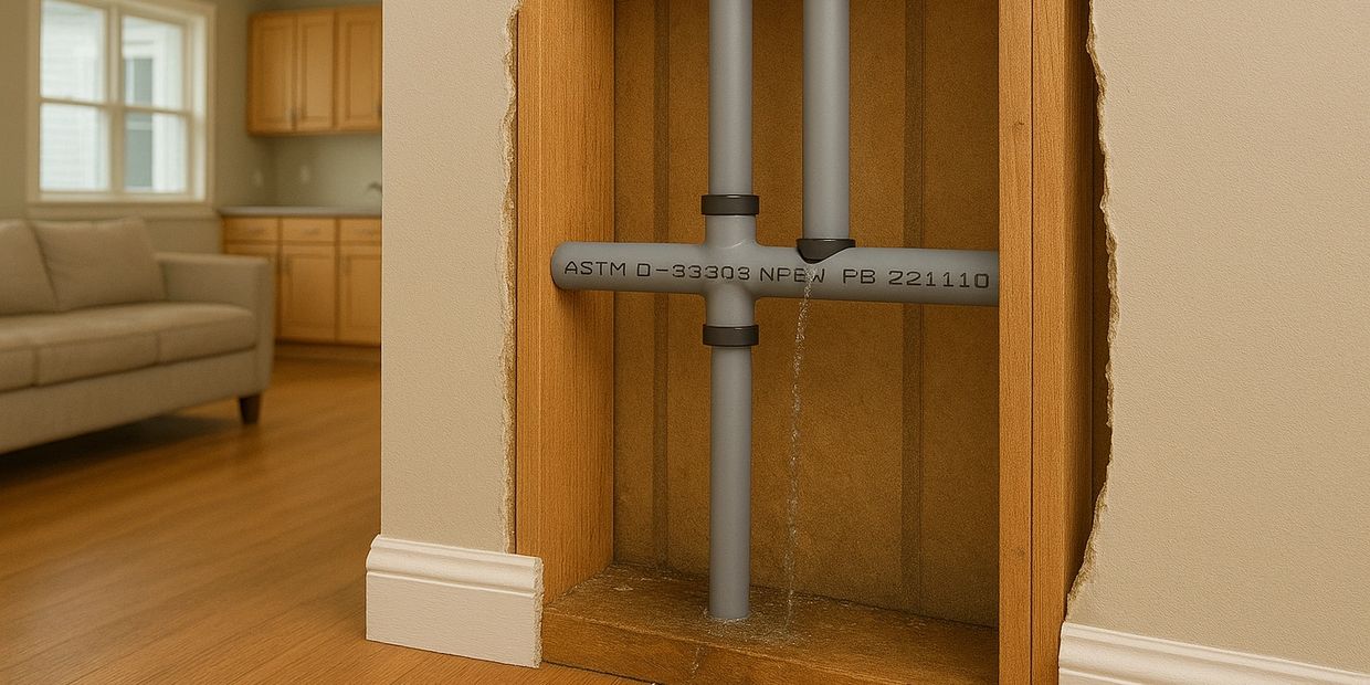 A section of wall is cut out to show poly-B pipes leaking water