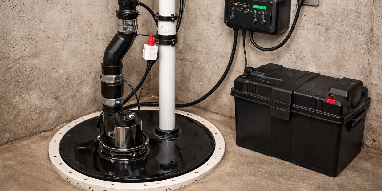 New sump pump installed in residential basement, showing clean setup with pit and discharge pipe.