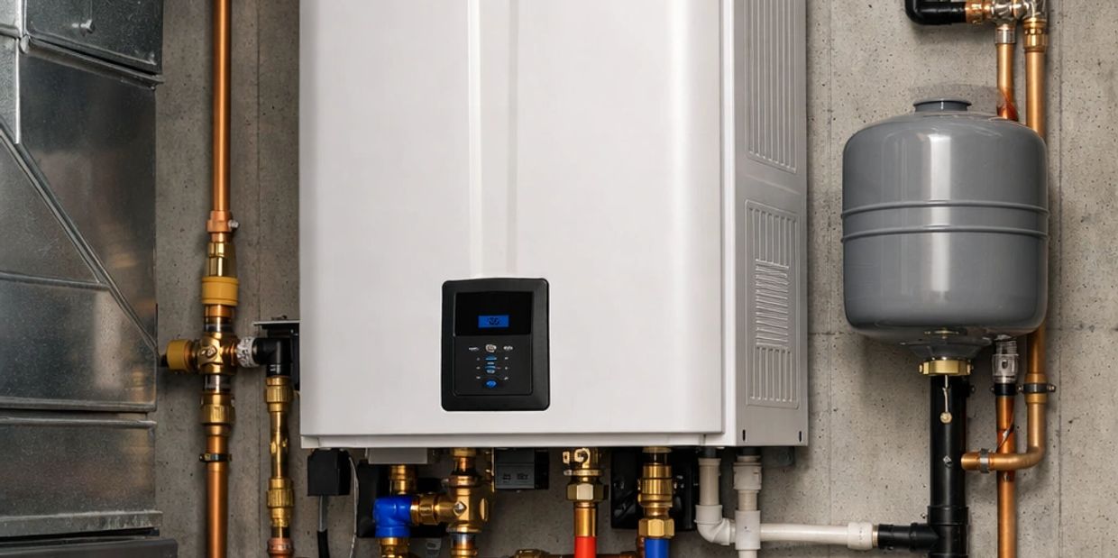 Professional installation of a tankless water heater in a basement in Airdrie, Alberta.
