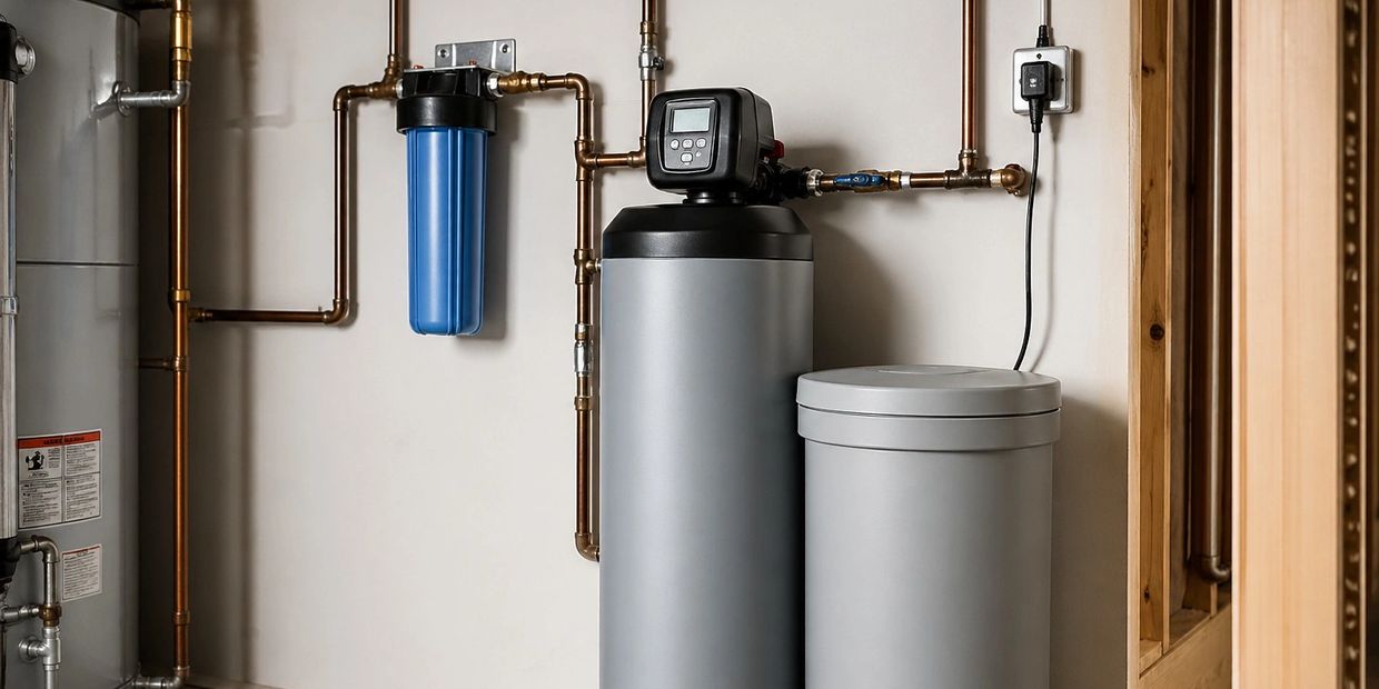 New water softener and filtration equipment installed in basement mechanical room in Calgary home