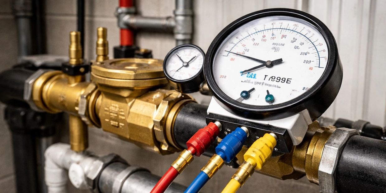 Backflow testing in Calgary using Watts pressure gauge on a backflow preventer in a mechanical room.
