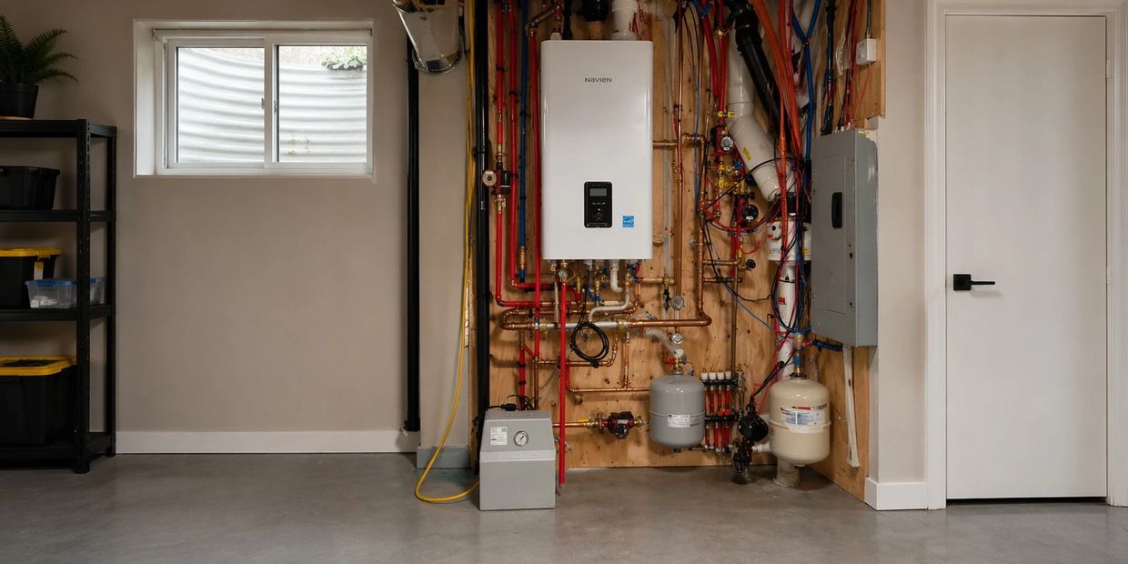 New high-efficiency boiler installation in Airdrie home mechanical room