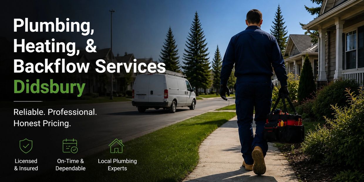 Local plumbing and repair service technician walking toward residential home in Didsbury Alberta
