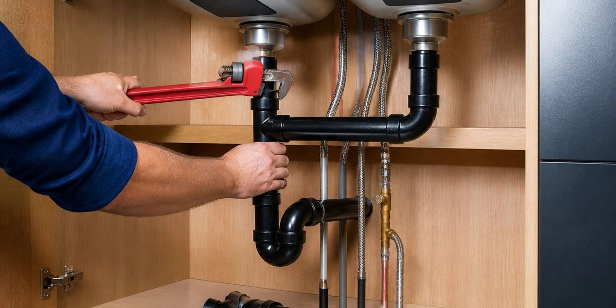 Plumber installing new drain lines to kitchen sink in Airdrie home. 