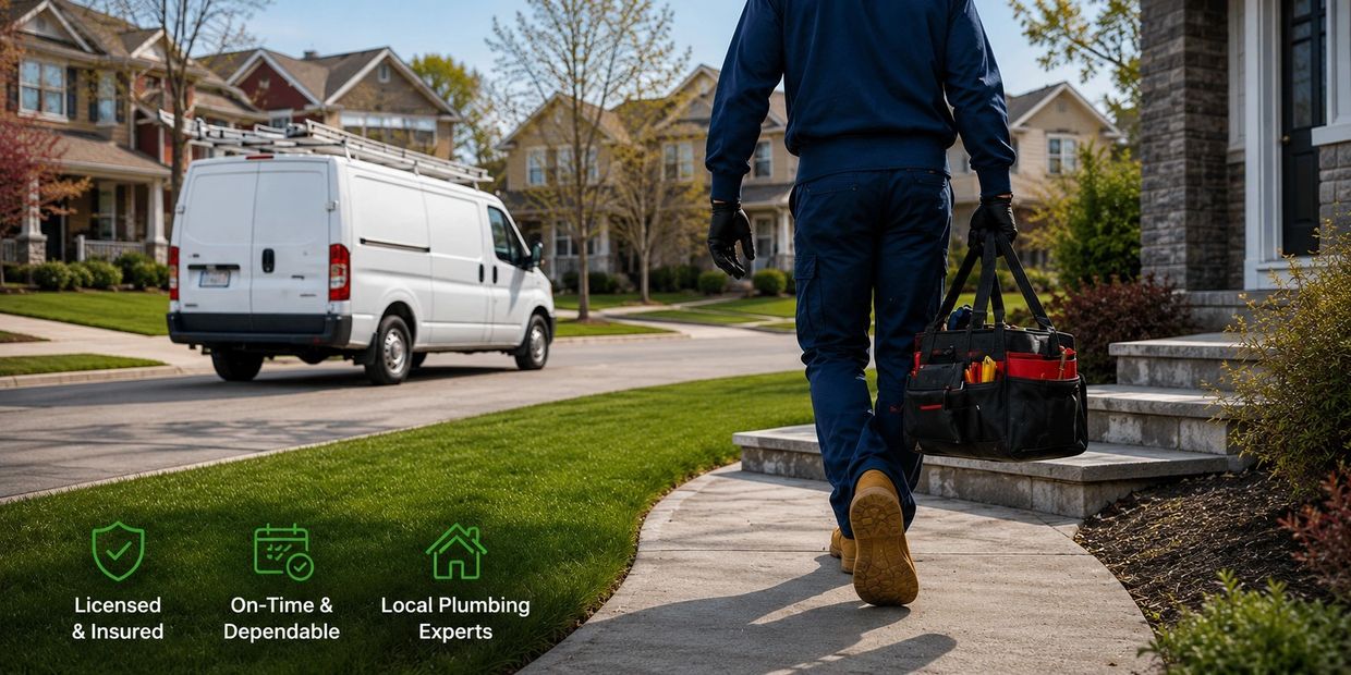 Licensed local plumber arriving at residential home for plumbing service and repair in Airdrie