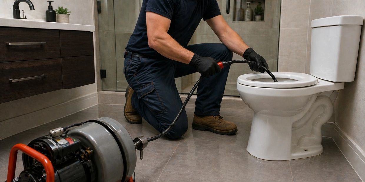 Professional plumber using drain cleaning machine to unclog a toilet in a modern bathroom in Airdrie