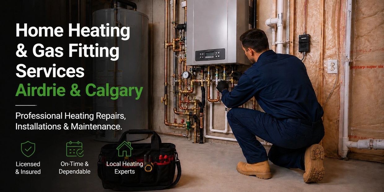Plumber working on boiler and hot water heating systems in Airdrie - Calgary home mechanical room.