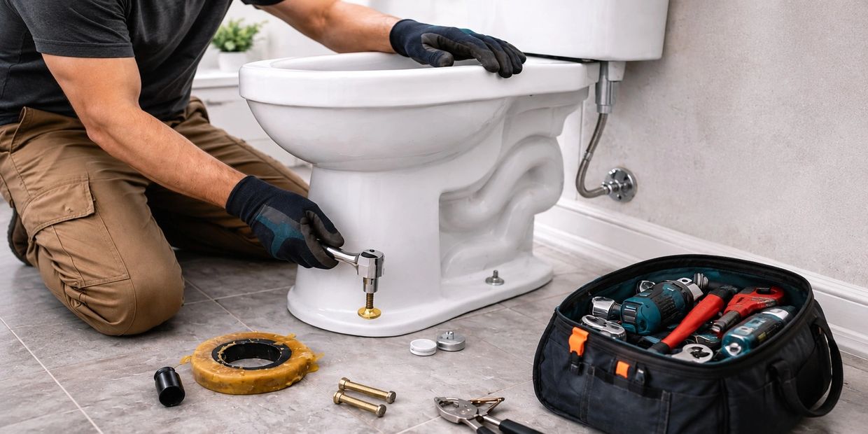 Licensed plumber installing and repairing residential toilet plumbing in Airdrie home