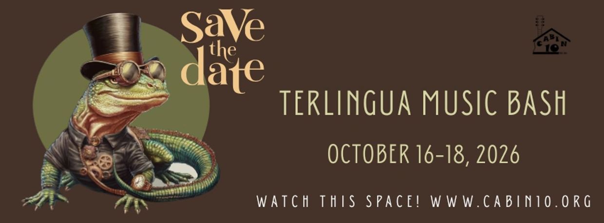 Save the date for Terlingua Music Bash, October 16-18, 2026, with a steampunk lizard illustration.