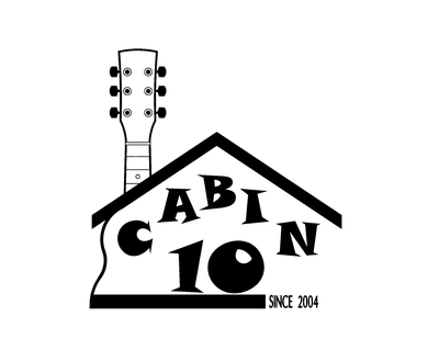 Logo featuring a guitar and text 'CABIN 10' with a house roof design.
