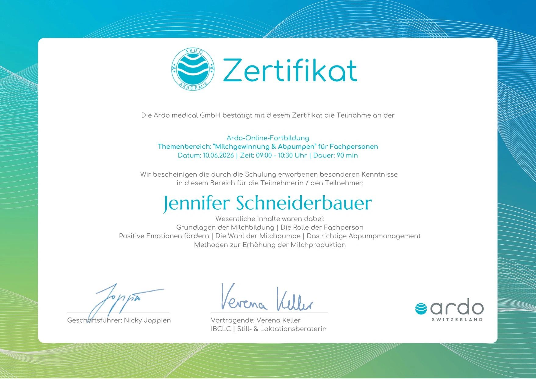 Zertifikat für Jennifer Schneiderbauer zur Teilnahme an einer Online-Fortbildung zur Milchgewinnung.