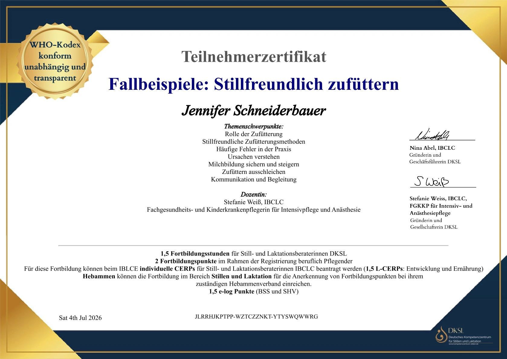 Zertifikat für Babyfütterungskurs von Jennifer Schneiderbauer.