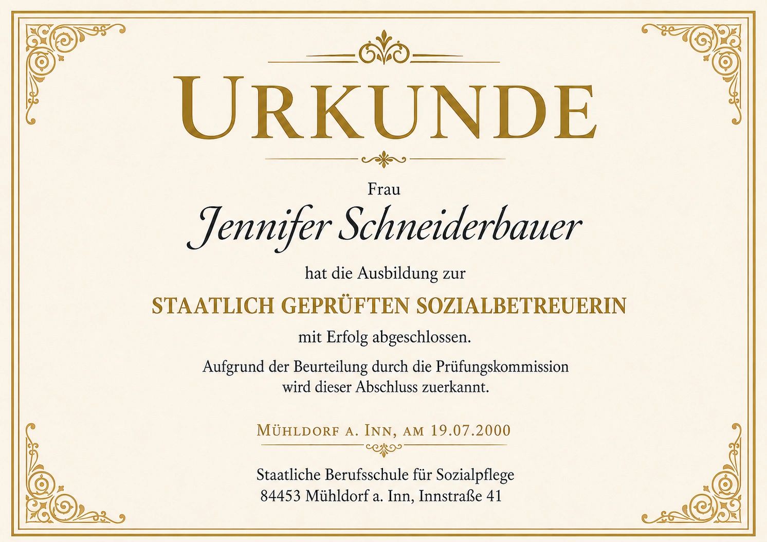 Urkunde für Jennifer Schneiderbauer als staatlich geprüfte Sozialbetreuerin.