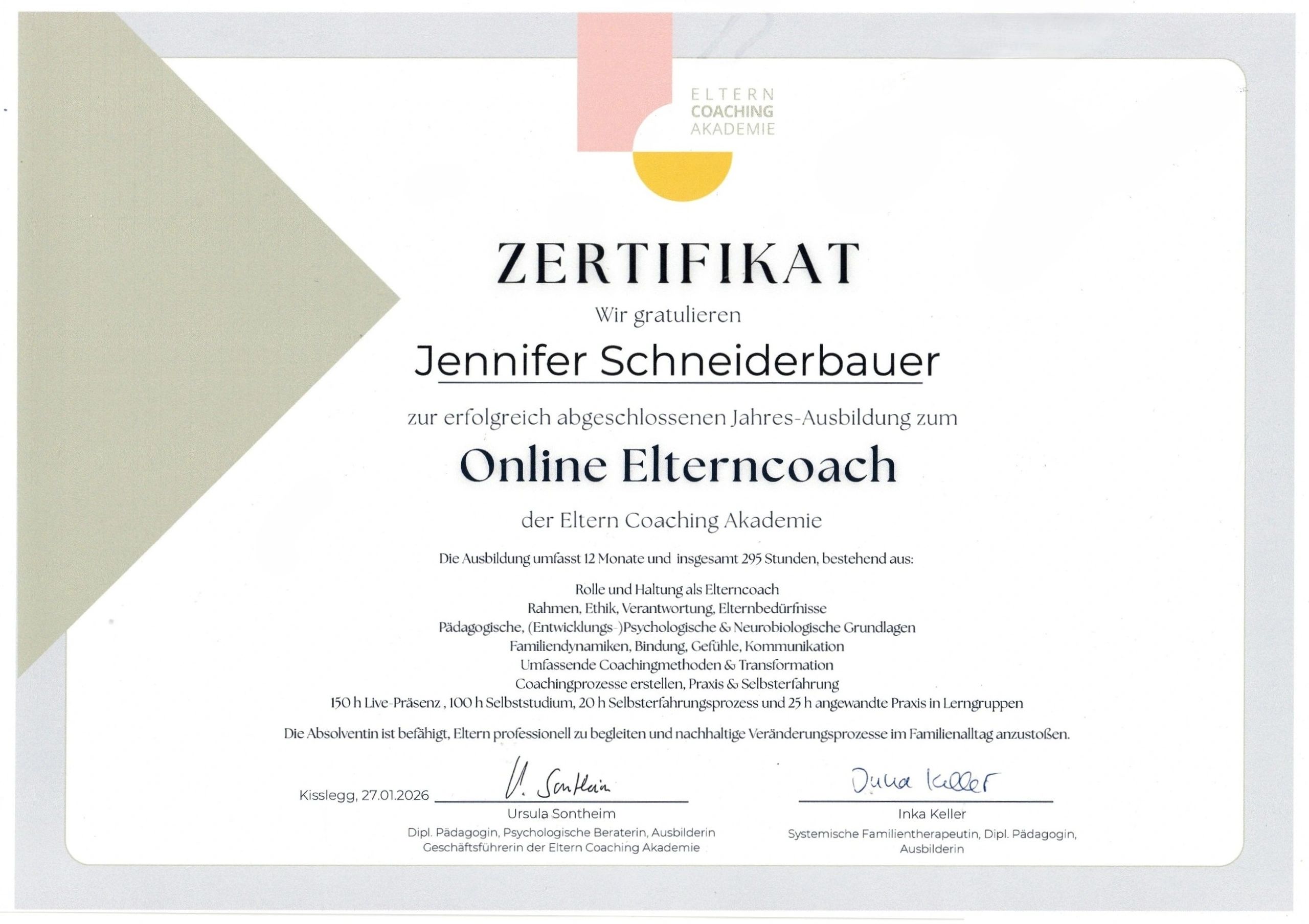 Zertifikat für Jennifer Schneiderbauer als Online Elterncoach.