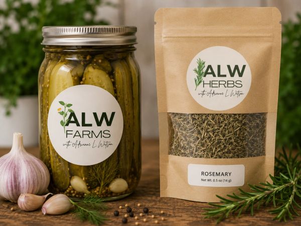 Jar of pickles and bag of rosemary herb on wooden surface.