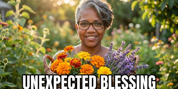 Woman with flowers and the text 'Unexpected Blessing'.