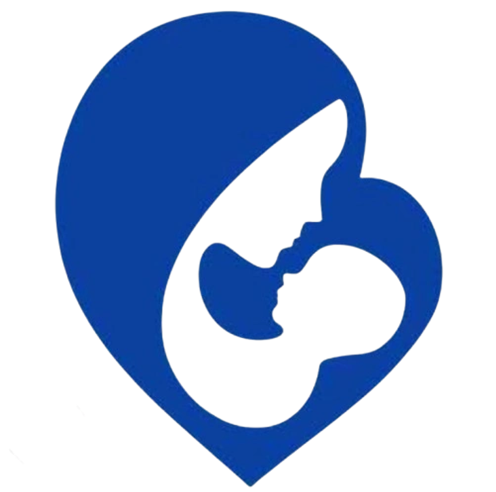 Blue heart-shaped mother and baby silhouette.