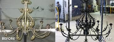Chandelier before and after coating by Skull Island Kustoms