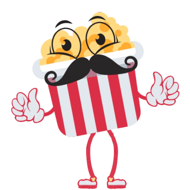 Cartoon popcorn with glasses, mustache, and thumbs up.