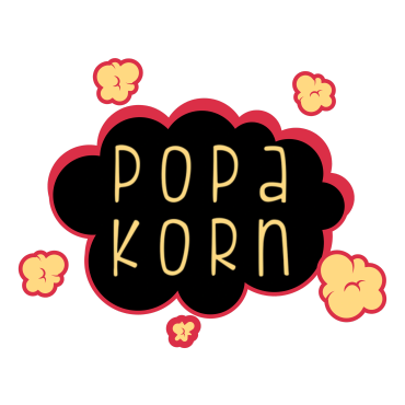 Popcorn graphic with stylized text and popped kernels.