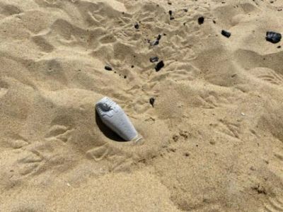 Foot partially buried in sand on a beach.