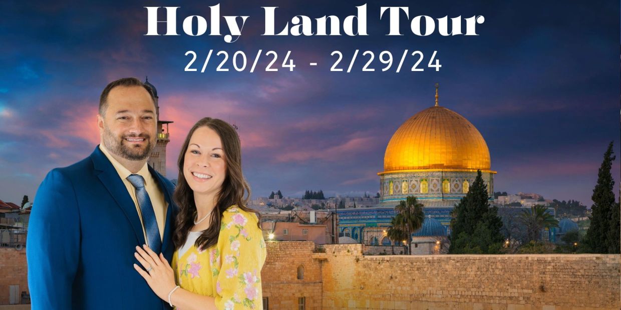 Couple promoting Holy Land Tour from 2/20/24 to 2/29/24.